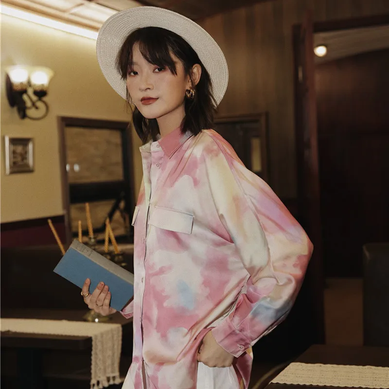  CHEERART Tie Dye Pink Chiffon Blouse Long Sleeve Collar Button Up Shirt Loose Tops And Blouses Ladi