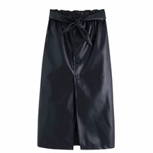 Женская модная прямая юбка из искусственной кожи, украшенная бантом; faldas mujer; шикарное миди-юбка с эластичным поясом и пуговицами; QUN520