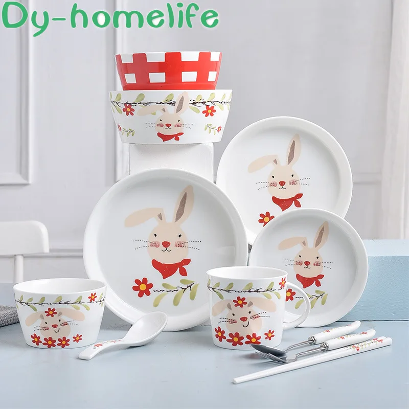 

Korean Cute Rabbit Ceramic Tableware Set Kitchen Home Children's Salad Bowl Spoon Fork Plate Combination Nordic Style