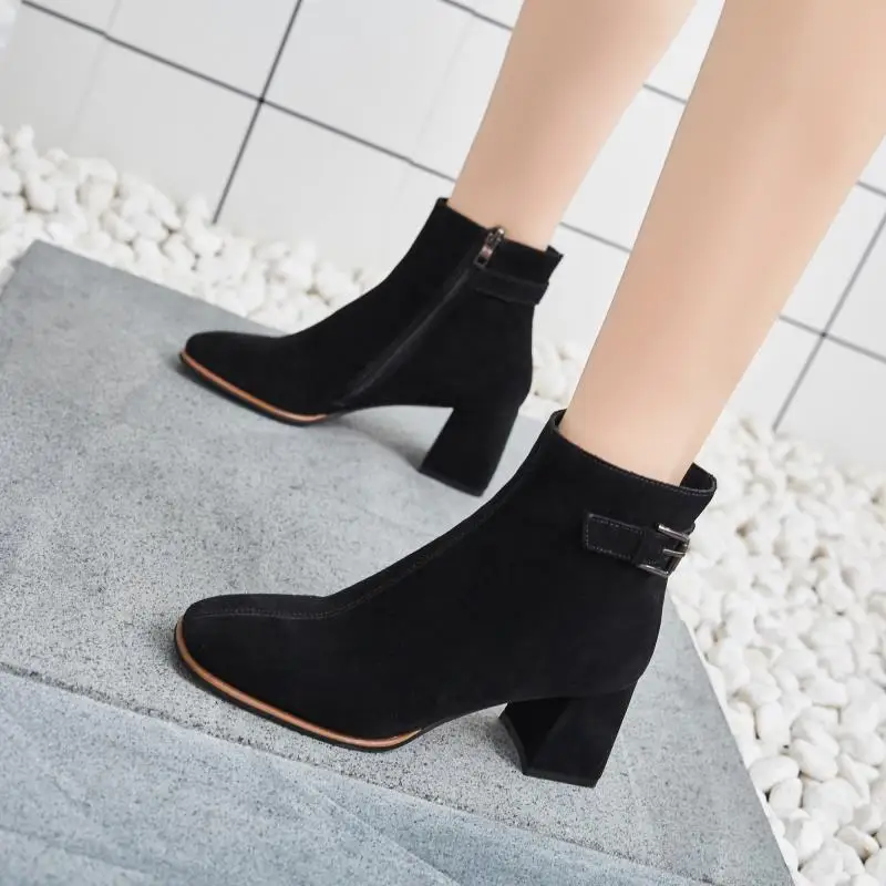 

Dull Polish Cowhide plus Velvet Martin Boots Versatile High Heel Shoes 2019 Autumn And Winter New Style Chunky-Heel Short Boots