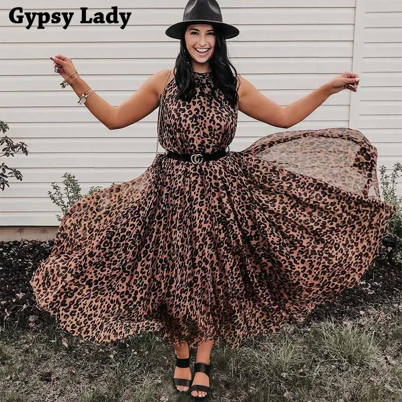 Gypsylady cheetah летнее платье с круглым вырезом Платье Бохо без рукавов леопардовое платье с поясом женское праздничное платье