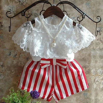 

Girls Set Summer Style Children Clothes Short Sleeves + Red Stripe Shorts 2Pcs Kid Set