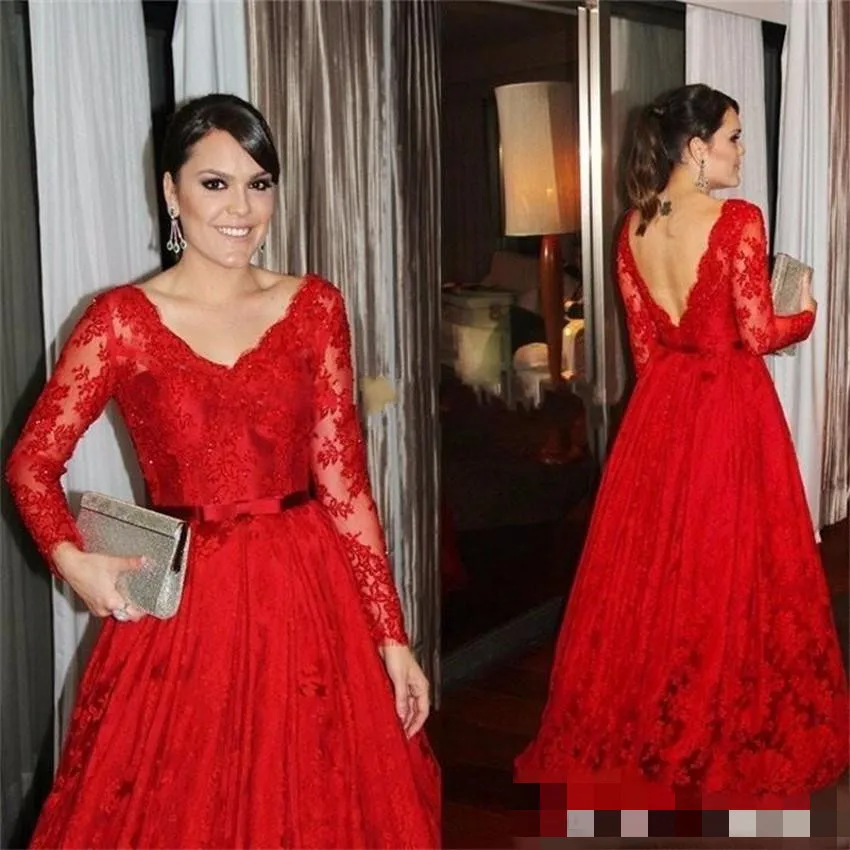 

Newest V-neck Red Long Sleeve Evening Dresses Prom Dresses Tulle Formal Evening Gowns Backless Vestido De Noche Special Occasion Dresses