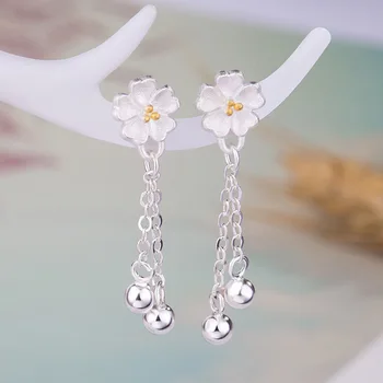 

925 Sterling Silver Tassel Cherry blossoms Drop Earrings For Women Party Jewelry Pendientes Mujer Moda eh296