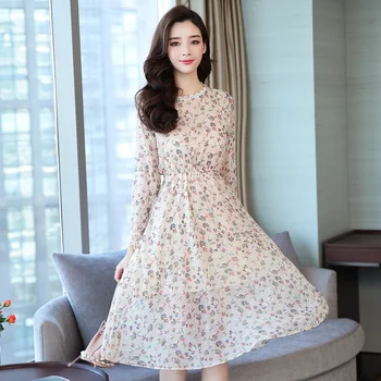 

2019 Fall Retro Women's Slim Noble Chiffon Print Midi autumn Dress vintage