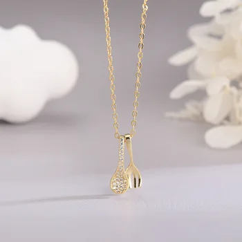 

Ladies Necklace Korean Personality Sterling Silver Rhinestone Zircon Soup Spoon Fork Clavicle Chain Pendant Girl Neck Accessorie