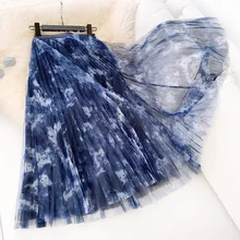 Женские Асимметричные тюлевые юбки Эластичная Высокая талия сетчатая юбка-пачка со складками Длинная Юбка-миди Saias Faldas Jupe Femmle