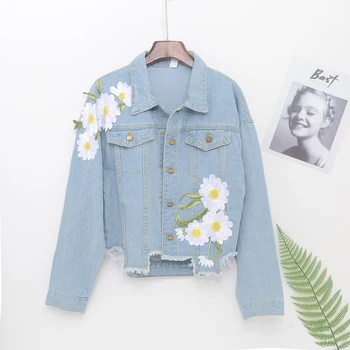 

Spring Women New 2020 Vintage Flower embroidered Asymmetric Frayed Denim jacket Korean Plus size Casual Jaqueta jeans feminina