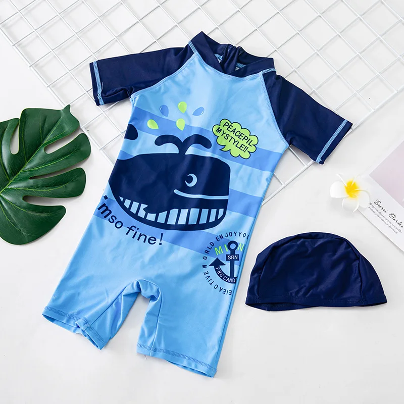 Baby Boy Swimwear One Piece with Hat Children's Swimsuit with UV Protection Shark Print Swimming Bathing Suit for Kids Boys