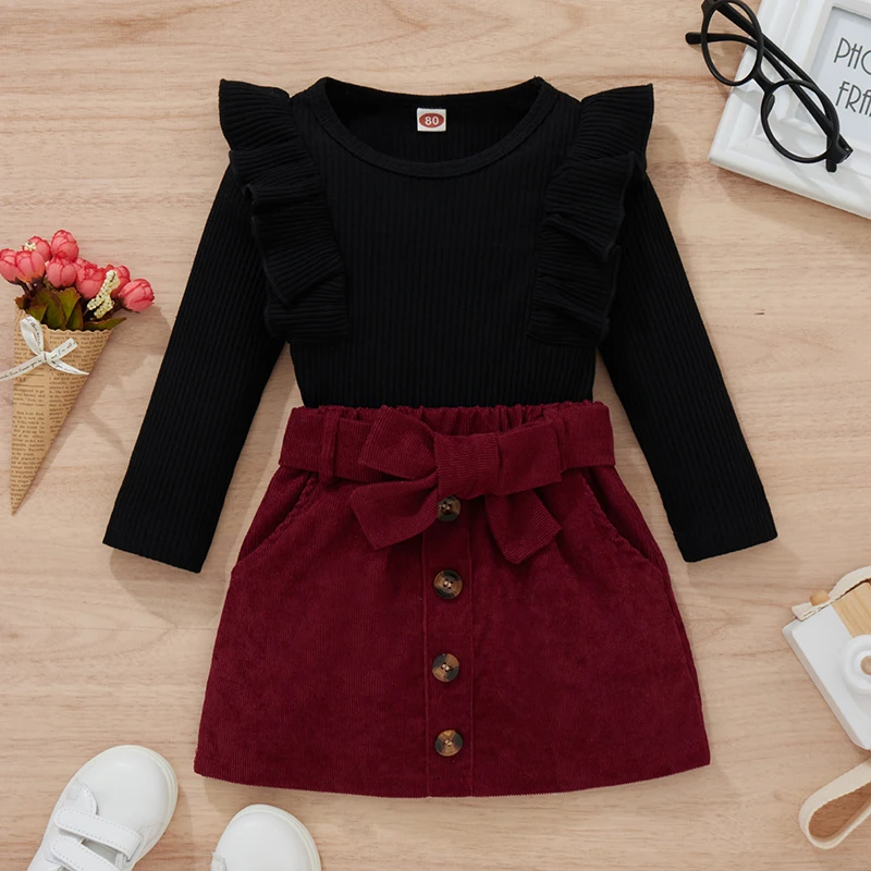 Toddler Baby Girl Fall Winter Clothes Solid Knit Ruffle Pullover Tops Corduroy Mini Skirts Outfits For 1-4 Years Baby Girl for kids clothing set,girls clothing set,boys clothing set,kids sweatshirt set