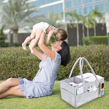 

Portable Baby Diaper Organizer Handbag Felt Nursery Storage Basket with Changeable Compartments