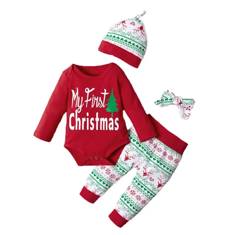 Red Romper Одежда для маленьких девочек; новые рождественские топы с длинными рукавами; комбинезон; штаны; шапка; повязка на голову; хлопковая осенняя одежда; милая Одежда для новорожденных; bebes - Цвет: Red Romper