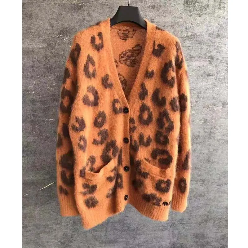 Cosmicchic женский кардиган мохер свитер Леопардовый принт длинный рукав шерстяной трикотаж осень зима v-образный Вырез Свободный кардиган - Цвет: Leopard Printed