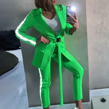 

Winter Reflective Chic Ol Pants Suits Workwear Single Button Long Blazer Jacket And Tight Pants Womens Two Piece Sets