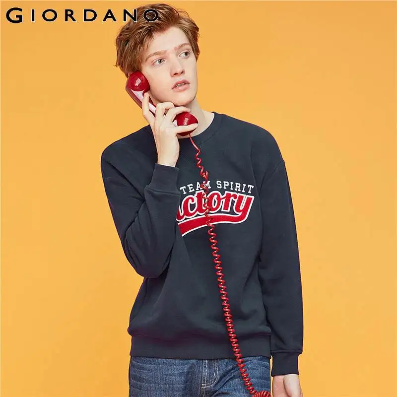 Giordano/мужские свитшоты с буквенной вышивкой, флисовая подкладка, Свободный свитшот, слегка толстый теплый мягкий Sudaderas Para Hombre 01099782