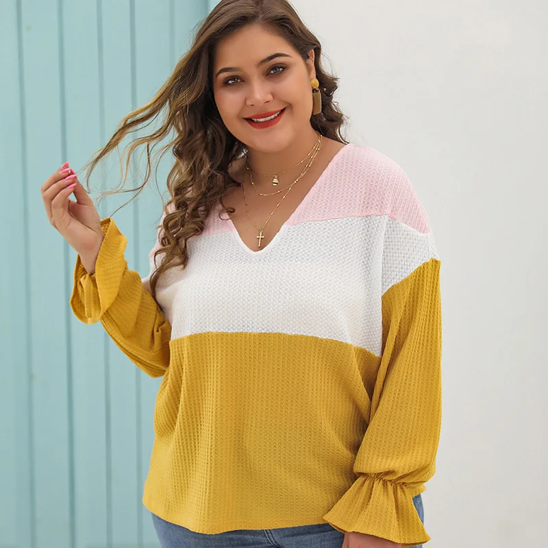 

DOIB Women Autumn Sweaters Plus Size Three Color Patchwork Coloring Lantern Sleeve Autumn Large Size Sweaters 4XL