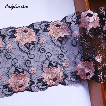 

1 Meter 20.5 cm Width Flower Embroidered Lace Trims Black Mesh Costume Decorative Lace Applique Trimmings Lace Fabric Craft