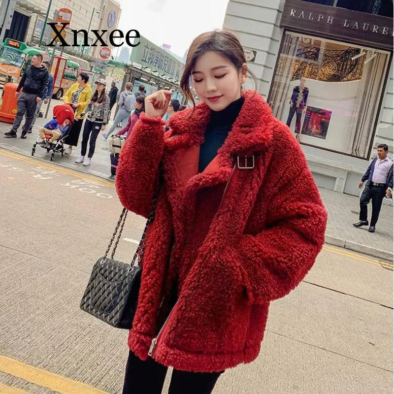 

Women Winter Faux Fur Warm Coat Long Sleeve Female Thick Teddy Bear Coat Casual Loose Oversize Red Outwears faux fur coat zipper