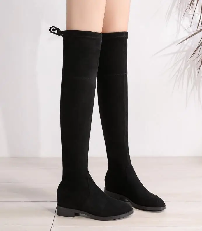 black cotton Stovepipe/Сапоги женские эластичные сапоги выше колена; botas; зимние Бархатные на плоской подошве золотого цвета; Ботинки Челси с круглым носком; женские узкие сапоги с перекрестной шнуровкой - Цвет: black cotton