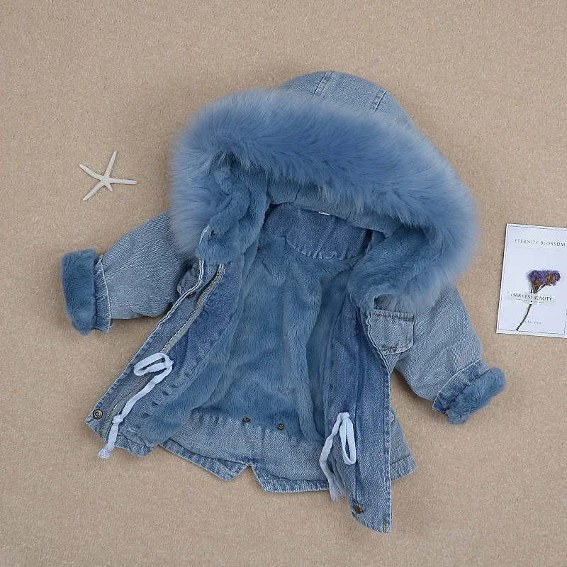 New Winter Item Girl And Boy Thick Denim Coat Velvet Jeans Jacket Kids Warm Outwear 1-5 Years