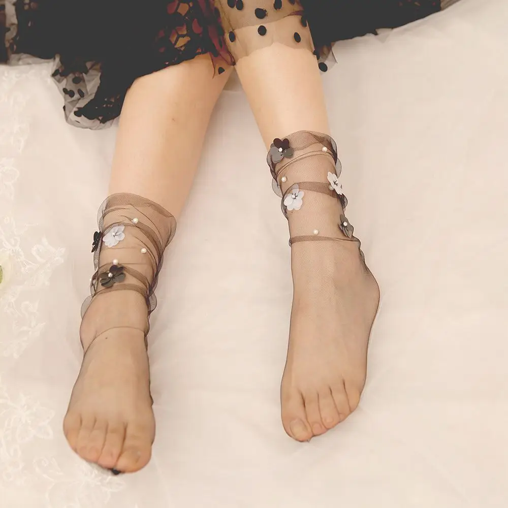 Женская Ручная работа с пайетками, тонкие носки с цветами, женские прозрачные сетчатые жемчужные носки с цветочным рисунком для девочек, газовые носки, 1 пара