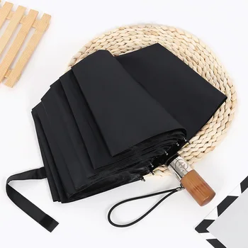 

Women's Umbrella Vinyl Sunscreen Umbrella Fully Automatic Folding Men's Business Umbrella Solid Wood Handle Three-fold Parasol