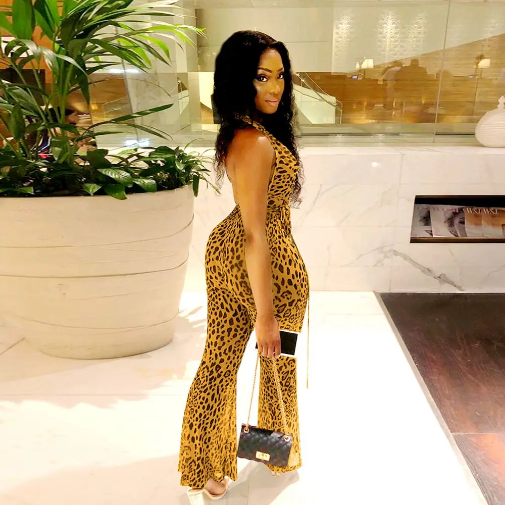 

ZOOEFFBB Sexy Backless Leopard Rompers Womens Jumpsuit Halter See Through Mesh Body Plus Size Club Bodycon Flare Pant Overalls