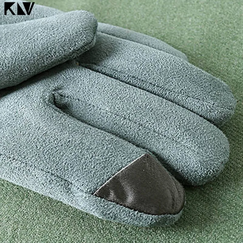 Women Girls Autumn Winter Touchscreen Gloves Solid Color Plush Cuff Thermal Thick Lining Suede Mittens Driving Ski Wrist Warmer