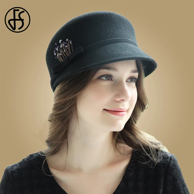 Black FS осенне-зимняя шапка с неровными полями, фетровая шляпа для женщин, шерстяная фетровая купольная Цветочная котелок, черная серая розовая Женская фетровая шляпа - Цвет: Black