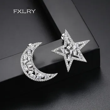 

FXLRY New Design Personality White Color Cubic Zircon The Star Moon Asymmetric Earrings For Women Fashion Jewelry