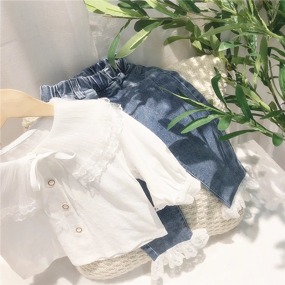 Baby girls outfit New Girls clothing set 2 Pieces Baby Suit Long sleeve Lace shirt+jeans Kids Clothes Girl Suit