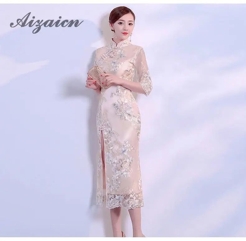 Китайское платье Ципао открытые вилки свадебные Qipao белый кружевной Китайский традиционный вечернее платье восточные платья вышивка Qi Pao