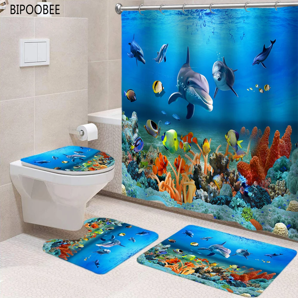 3D Ocean Seabed Animals Toilet Cover Bath Mat Sets Fish Dolphin Print  Bathroom Curtain Set Waterproof Fabric Shower Curtains - AliExpress