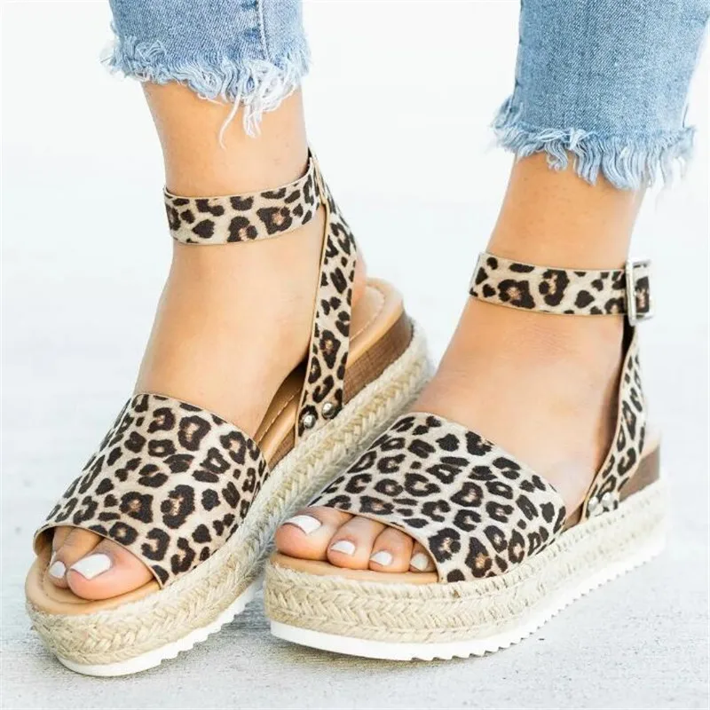 

2019 Summer Womens Casual Espadrilles Trim Rubber Sole Flatform Studded Wedge Buckle Ankle Strap Open Toe Sandals