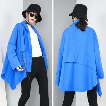 

New Autumn Spring Hooded Long Sleeve Blue Big Pocket Irregular Hem Big Size Windbreaker Women Trench Fashion 2020