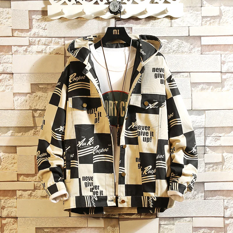 

ZOGAA 2019 New Spring Autumn FASHION Ins Plaid Letter Printing Tooling Jacket Men Large Size M- 5XL Loose Japanese Tide Jacket