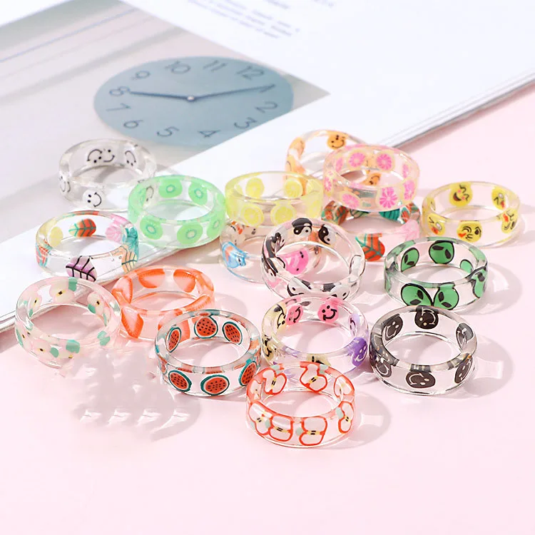 Cute Geometric Round Transparent Colorful Acrylic Resin Smiley Fruit Leaves Alien Yin Yang Finger Ring For Women Party Jewelry | Украшения