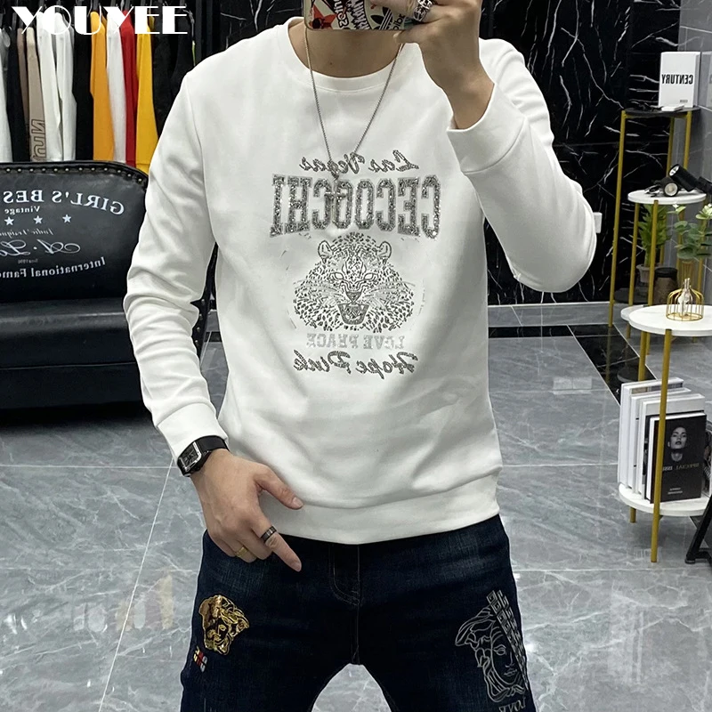 Sudadera con capucha para hombre, con cuello redondo, camisa diamantes de imitación de ardilla, ajustadas coreanas, ropa para otoño e invierno, color blanco y negro - AliExpress Ropa de hombre