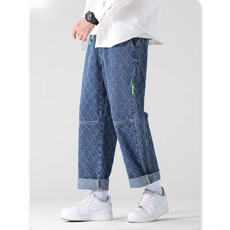 Hip Hop Men's Jeans Loose Straight Elastic Waist Fashion Pants Streetwear Oversize Harajuku Clothing Male Autumn Retro Trousers 1