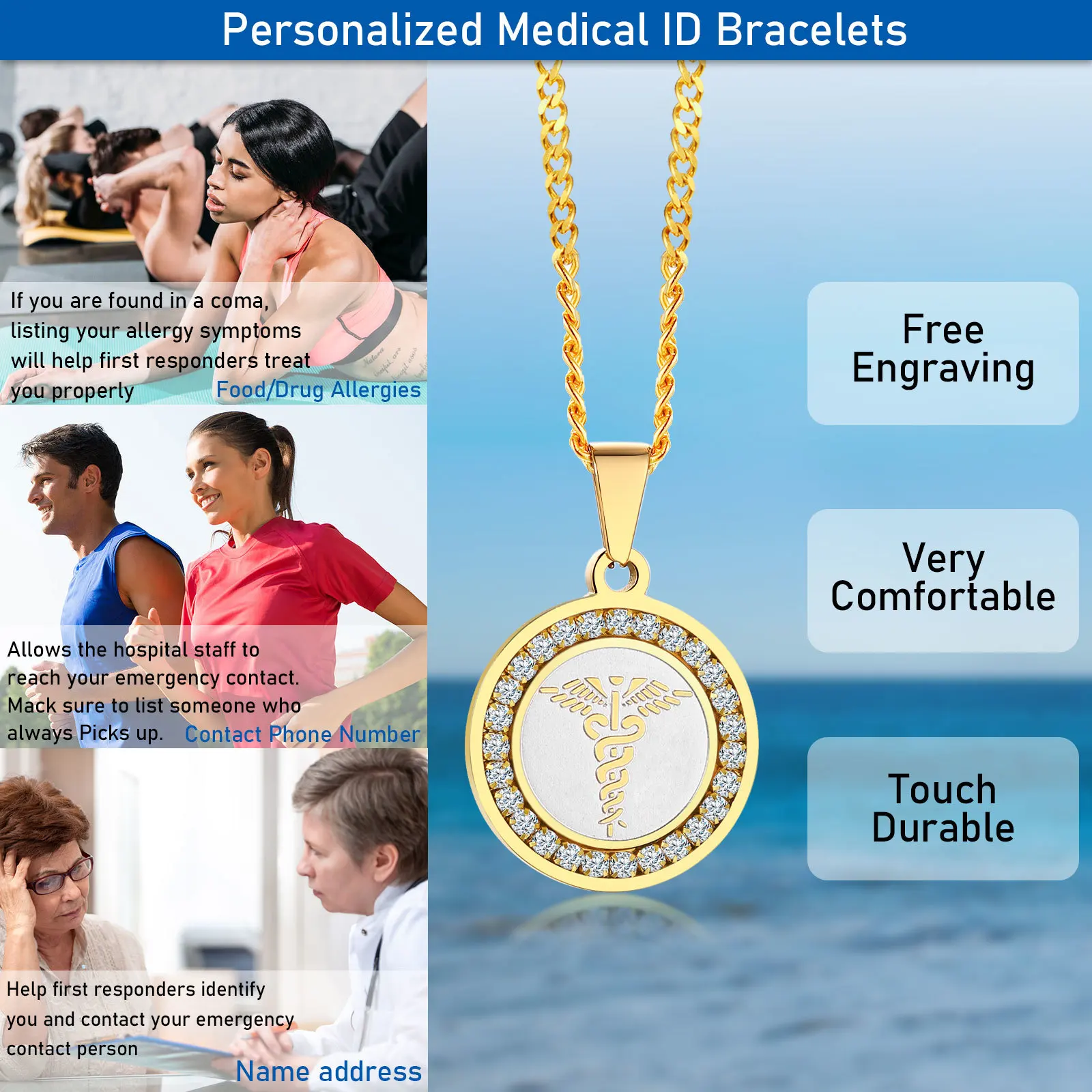 Vnox (Free Engrave Back) Medical Necklace for Women Men - Main Image