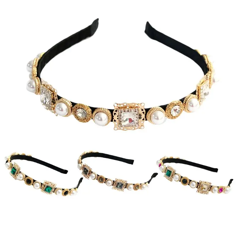 

Baroque Vintage Jewelry Embellished Headband Women Banquet Prom Crown Hair Hoop Colored Alloy Imitation Diamond Headpiece