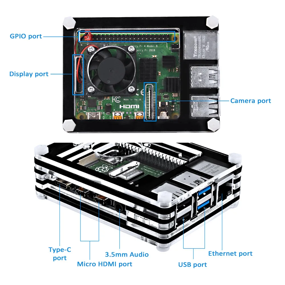 Для Raspberry Pi 4 9 слой акриловый чехол Raspberry Pi 4 чехол с вентилятором, 4 радиатора, 5 в 3 А источник питания с переключателем ВКЛ/ВЫКЛ