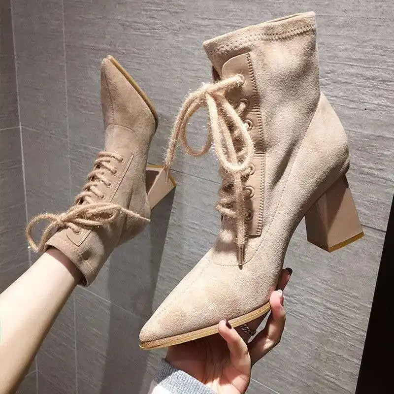 Flock High Heels Women Pointed Toe Boots Autumn Shoes for Women Heels Ankle Boots Female Women Shoes Fashion Block Heels New