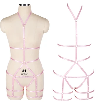 

Pink Full Body Harness Set Bondage Sexy Lingerie Halter Elastic Adjust Women Harness Bra Punk Gothic Rave Fetish Pole Dance Wear