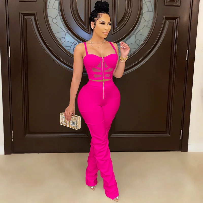 

Street Sexy Women Sweatsuti Outfits Mesh Patchwork Crop Top+Zipper Detail Stacked Ruched Pants Matching Two 2piece Set Tracksuit