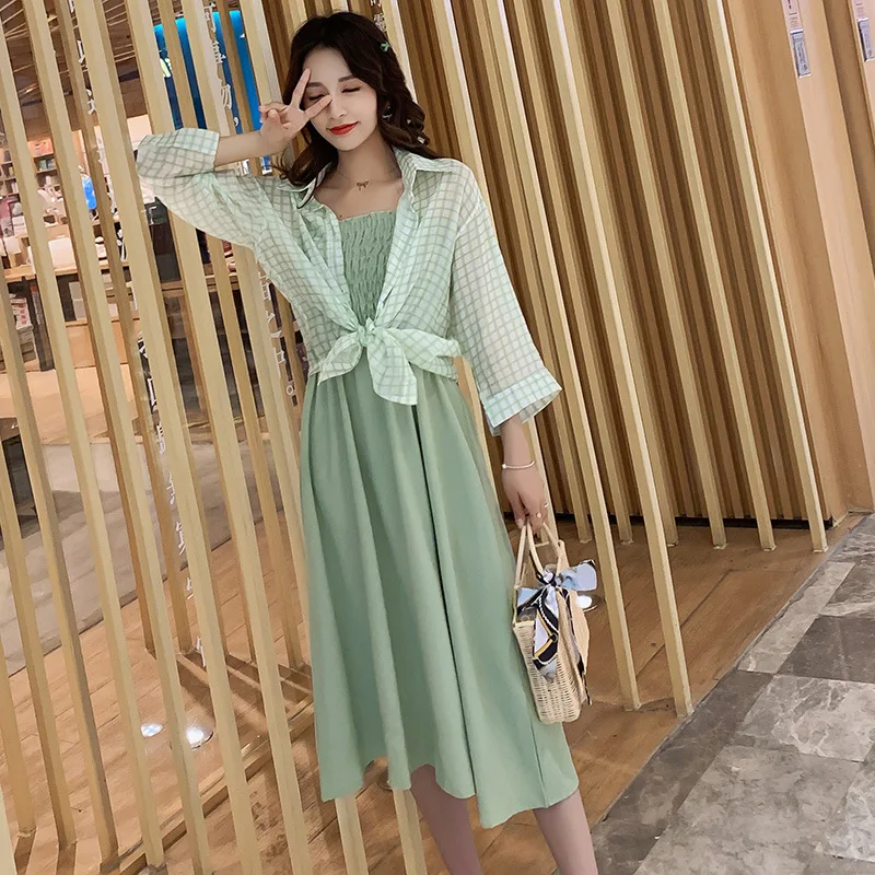 

2019 New Style Maternity Clothes Summer Wear Pregnant Women Strapped Dress Plaid Coat Two-Piece Set