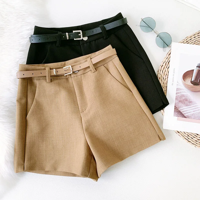 Wasteheart Autumn Black Gray Khaki Polyester Shorts Women High Waist Shorts Camel Short Bottom Zipper Sashes England Style OL