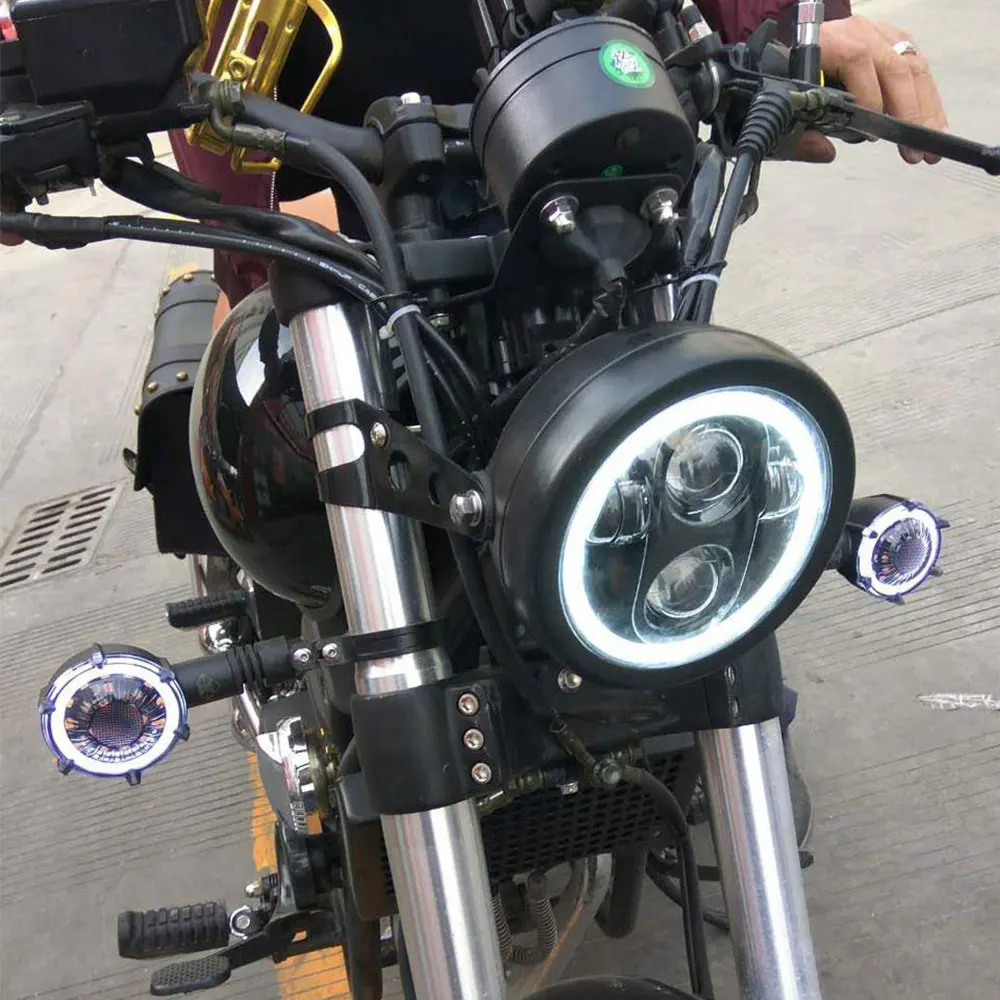 Günstig Retro 6,5 LED Motorrad Scheinwerfer Scheinwerfer Halterung Engel Ring Hallo   Lo Strahl Birne für Harley Sportster Cafe Racer Bobber