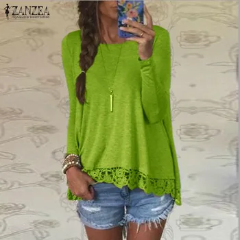 

ZANZEA 2020 Women's Lace Crochet Blouse Fashion Asymmetrical Tops Casual Long Sleeve Shirts Female Stiching Blusas Plus Size 8