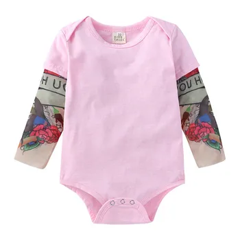 

Breathable Infant Solid Color Bodysuit Summer Autumn Baby Girls Creative Flower Tattoo Pattern Long Sleeve Round Collar Jumpsuit